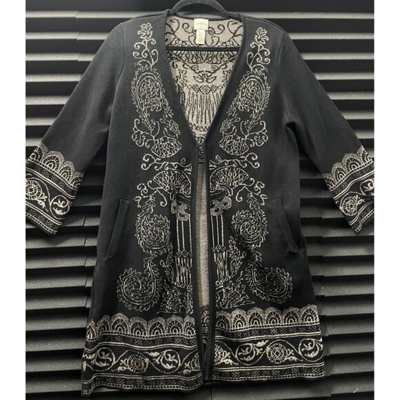 Chico's Sweaters - Chico's Size 2P Cardigan Open Sweater Long Beige Black Floral Shiny Woman